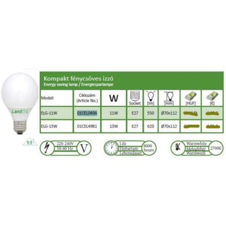 LANDLITE Energiatakarékos, E27, 11W, G70, 550lm, 2700K, nagygömb formájú fényforrás (ELG-11W)