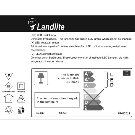  LANDLITE TLE-041 asztali lámpa, LED, 6W, 200lm, 3000K, fényerőszabályozós, fekete