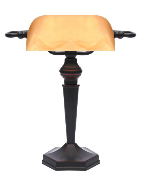 LANDLITE TL609 E27 Max 60W, Schreibtischlampe, Tischlampe, Banker-Lampe -   mit bernsteinfarbigem Glassschirm
