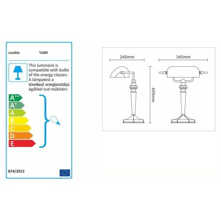  LANDLITE TL609 banklámpa, E27, max. 1x60W, borostyánsárga üvegburával