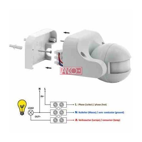 ANCO Mozgásérzékelő függőlegesen állítható 180°, fehér,  max. 12 m, 10 sek - 12 min, 230 V~, 50 Hz, 1200 W (300 VA), IP44