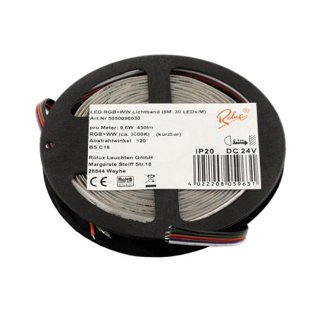  LANDLITE Rolux LED szalag, 9.6W/m, 450lm/m, RGB + 3000K, 30LED/m, 24V, IP20 (5m / tekercs)